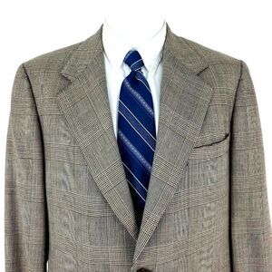 Vintage Hickey Freeman 2 Button Blazer 40R Brown Glen Plaid‎ Orange Windowpane